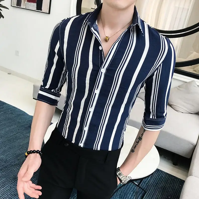 

LOLDEAL Summer Red Wide Stripe Shirt Half Sleeve Dress Shirt Male