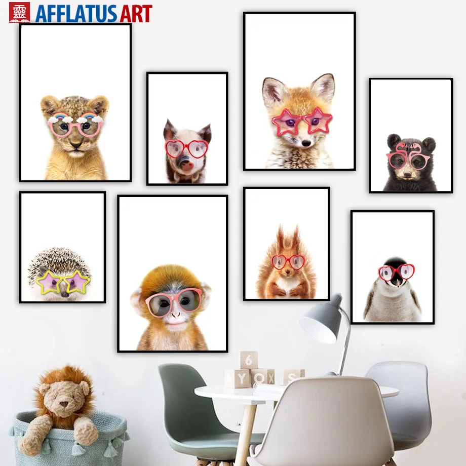 

Cute Glasses Fox Bear Pig Tiger Koala Nordic Posters And Prints Wall Art Canvas Painting Nursery Wall Pictures Kids Room Decor