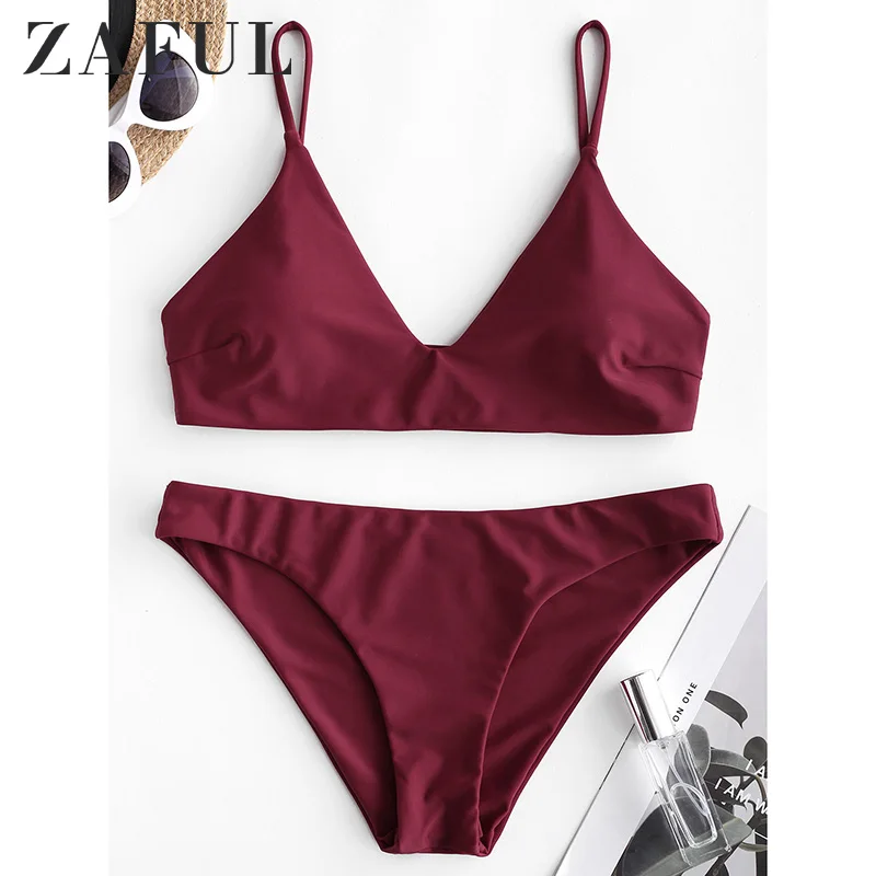 

ZAFUL Sexy Swimwear High Cut Scoop Neck Bikini Set Wire Free Bralette Bathing Suit Low Waisted Swimsuit Beach Suit For Summer