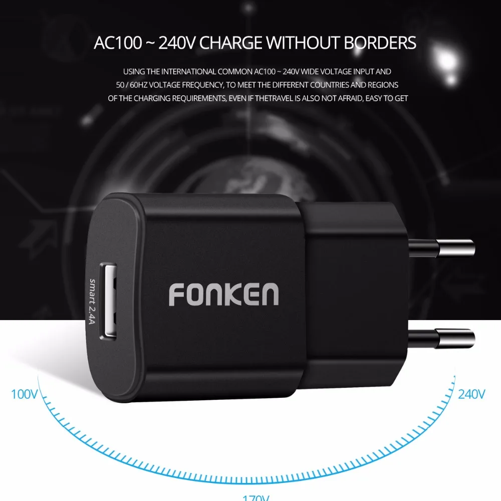FONKEN 2.4A Смарт USB Зарядное устройство 5V 2A 1A телефон Зарядное устройство Универсальная настенная Зарядное устройство быстрой зарядки андроид мобильный заряд Мощность адаптер