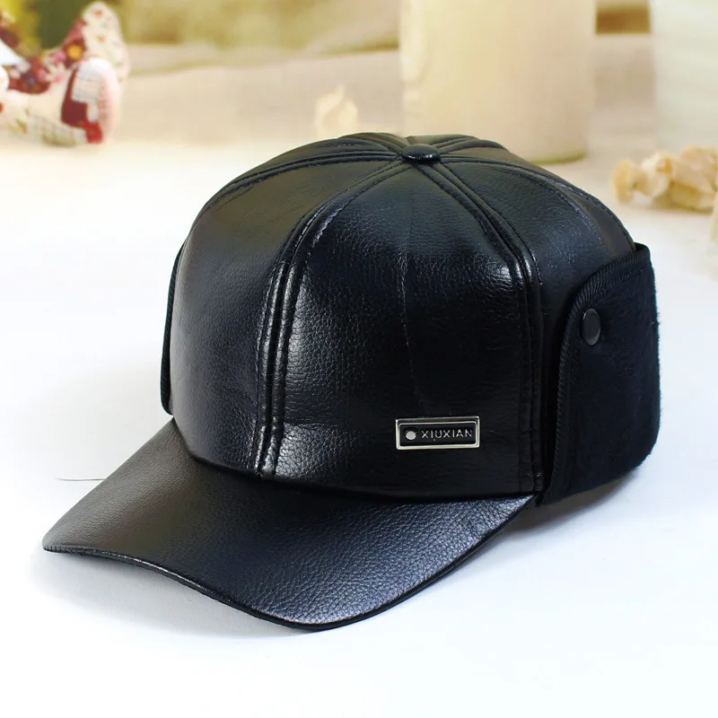 Fibonacci High quality men's winter hat warm ear protection plus velvet thick middle aged elderly leather baseball cap