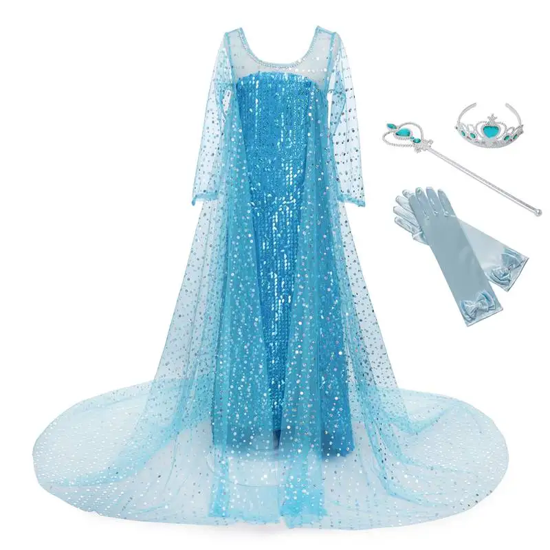 Elsa Dress Set MUABABY платья Золушки для девочек; Детский костюм принцессы Эльзы с длинными рукавами и синими блестками; Вечерние платья на Хэллоуин для девочек - Цвет: Elsa Dress Set