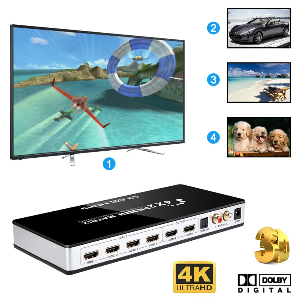 Iseebiz 4 К к HDMI матрица 4X2 Переключатель Splitter Поддержка toslink аудио + L/R экстрактор с ИК