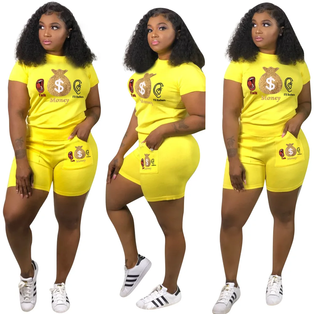 Plus Size Casual Two Piece Tracksuit Women Summer Festival Clothing Letter Print Short Sleeve Top And Biker Shorts Matching Set