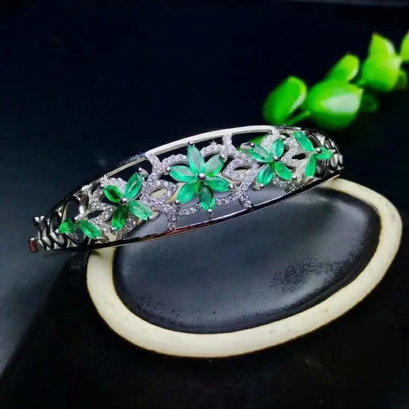 

shilovem 925 sterling silver real green Emerald cuff Bracelets fine Jewelry women trendy wedding gift wholesale lsz2.50501agml