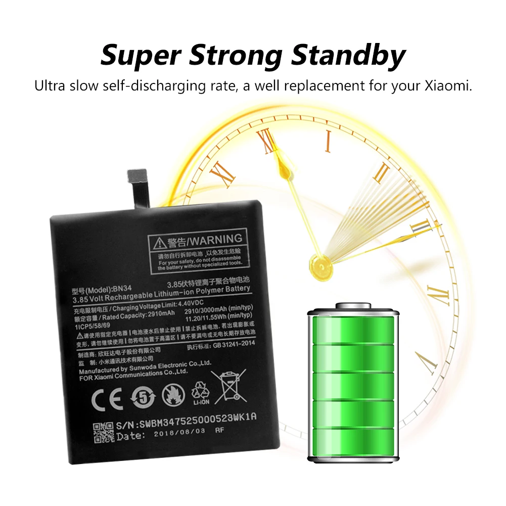 YCDC BN34 BN-34 BN 34 аккумуляторная батарея для Xiaomi Redmi 5A 3,85 V 3000mAh замена мобильного телефона