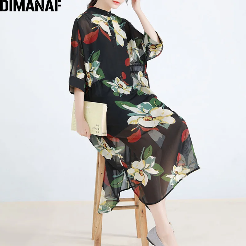 Женское пляжное шифоновое платье DIMANAF повседневное свободное черного цвета с