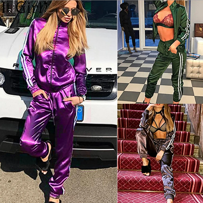 Женский спортивный костюм из 2 предметов на весну 2019 топ и штаны сатина в полоску