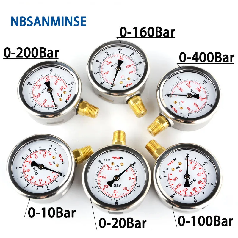 NBSANMINSE гидравлический манометр SM1SP63L 63 мм 2,5 дюймов 1/4 NPT жидкостный манометр инструменты датчик из нержавеющей стали