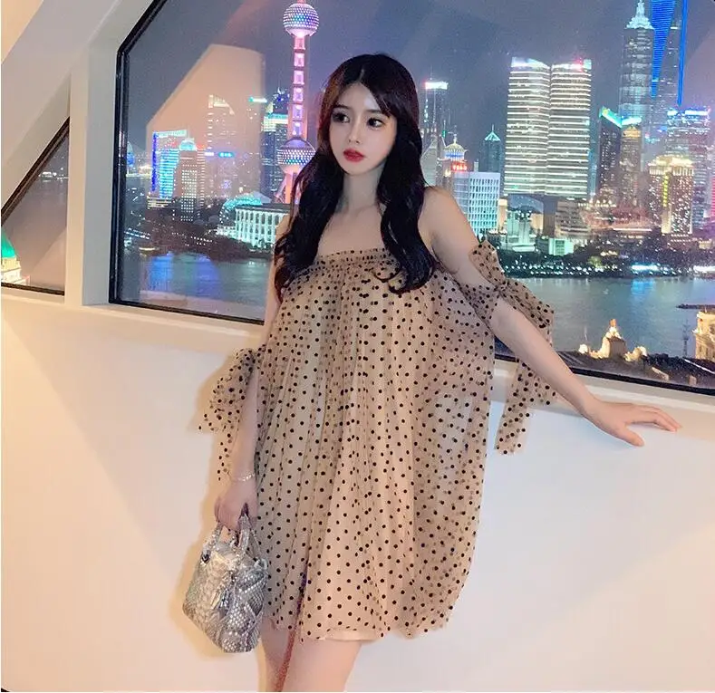 WHITNEY WANG 2019 летняя мода уличная сексуальное платье без бретелек в горошек Сетчатое