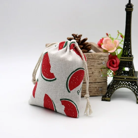 watermalon 10pcs/lot Cute Linen Drawable Cotton Bags 9x12cm Handmade Travel Packaging Pouches Dry Small Cloth Jewelry Cotton Bags for Party - Цвет: watermalon