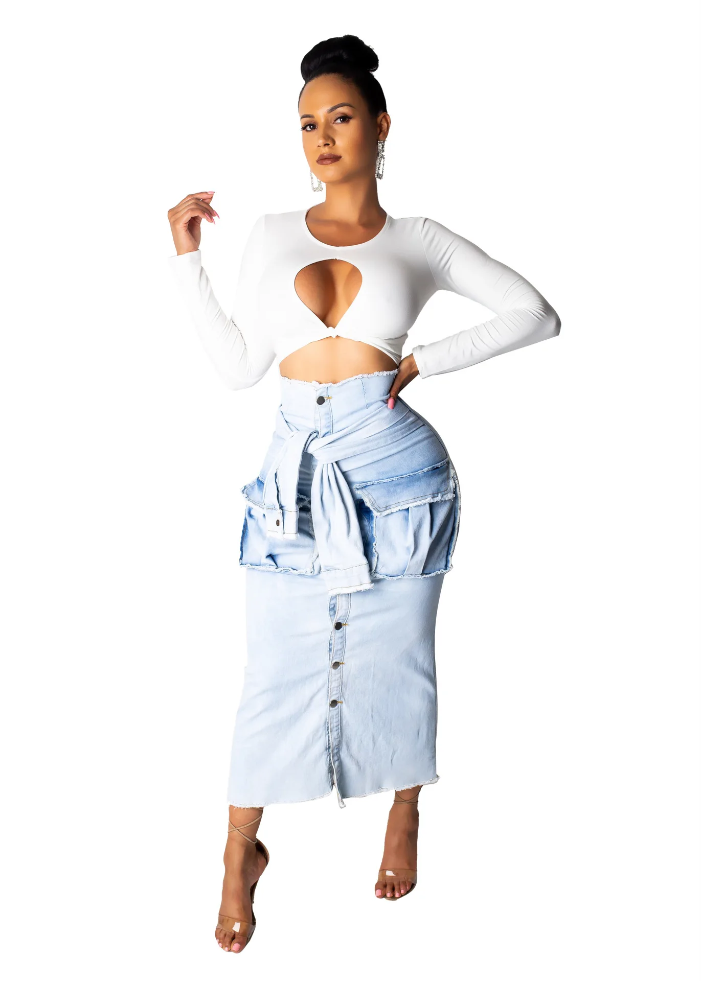 Женская винтажная джинсовая юбка с высокой талией и рукавом бабочкой 2 цвета SJ3273