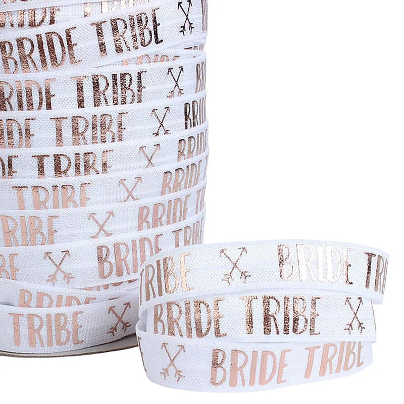 01 100 ярдов/партия) надпись «Bride Tribe» тема rose gold фольгированная металлизированная печатных враг складной эластичный для завязанный резинка для волос - Цвет: 01