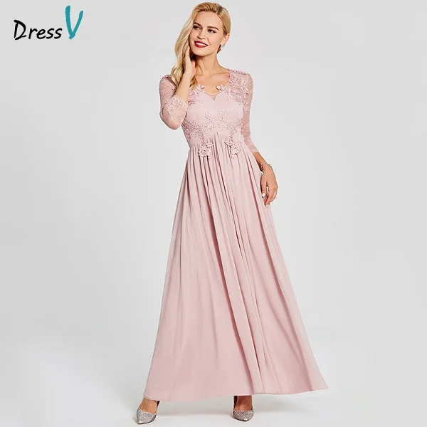 Dressv розовое вечернее платье недорогое вечернее платье с длинным рукавом и v-образным вырезом на молнии для свадебной вечеринки Формальное А-образное вечернее платье с аппликацией es - Цвет: Pink
