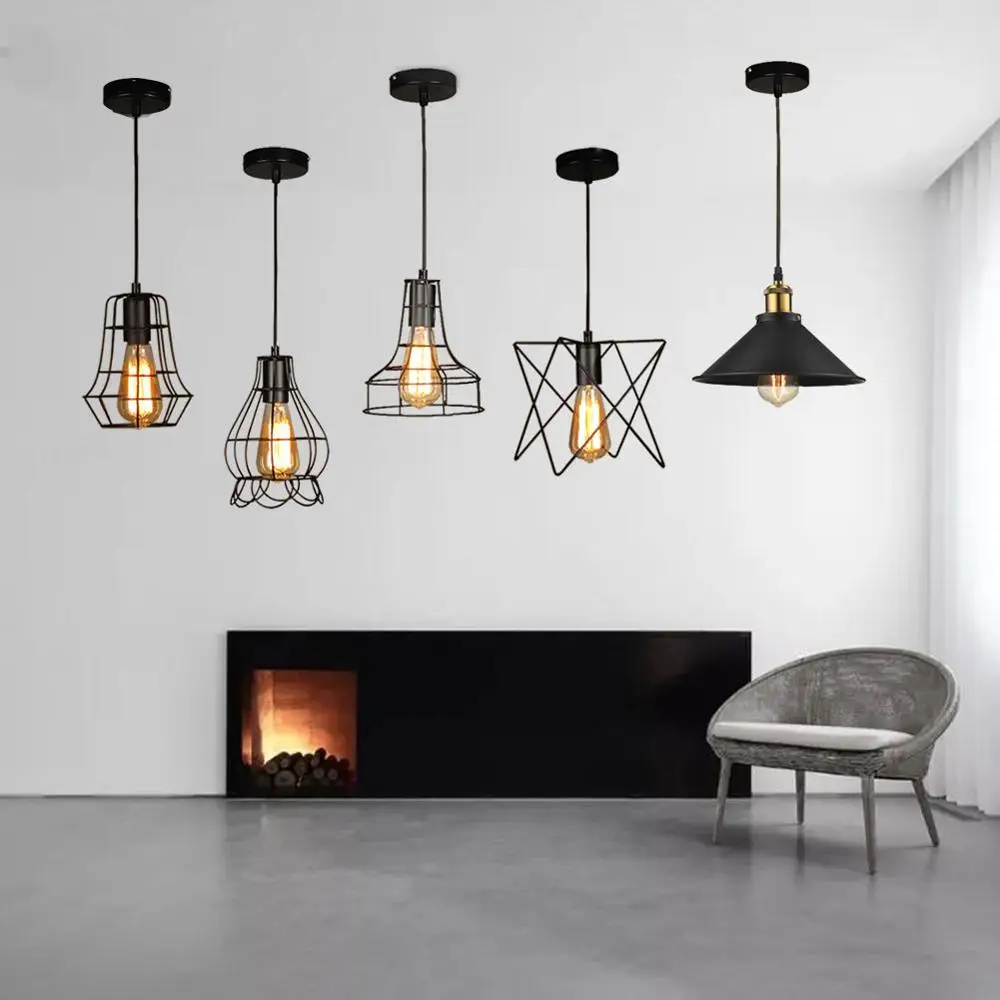Modern Pendant Light Black Iron Hanging Cage Vintage LED Lamp Bulb E27 Industrial Loft Retro Dining Room Restaurant Bar Counte | Лампы и