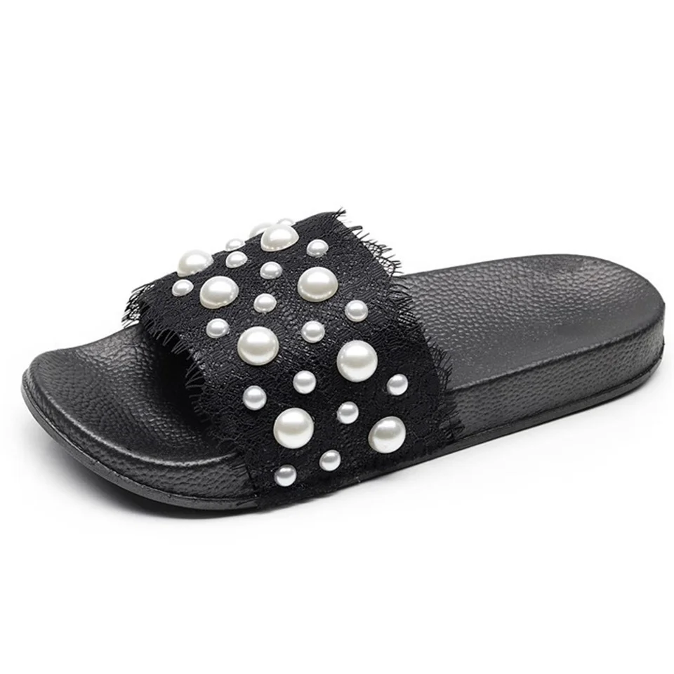 Женские шлепанцы летние модные Босоножки с открытым носком украшенные жемчугом