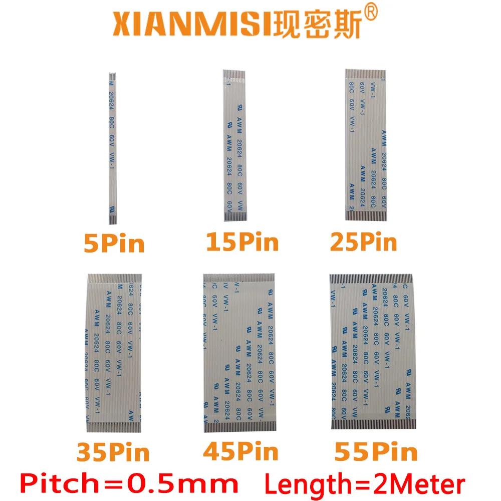 

FFC FPC Flat Flex Cable 5Pin 15Pin 25Pin 35Pin 45Pin 55Pin Same Side 0.5mm Pitch AWM VW-1 20624 20798 80C 60V Length 2Meter 5PCS
