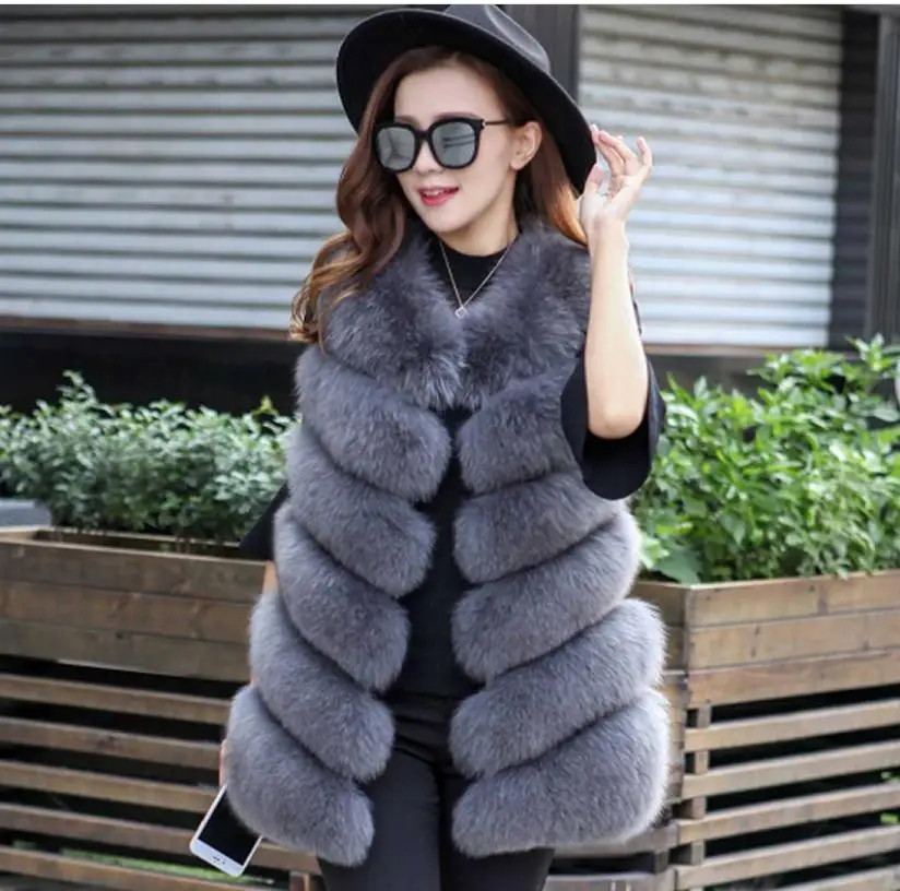 dark grey Женские жилеты из лисьего меха большого размера, зимняя куртка без рукавов, манто Femme Hiver, зимние осенние жилеты из искусственного меха K1117 - Цвет: dark grey
