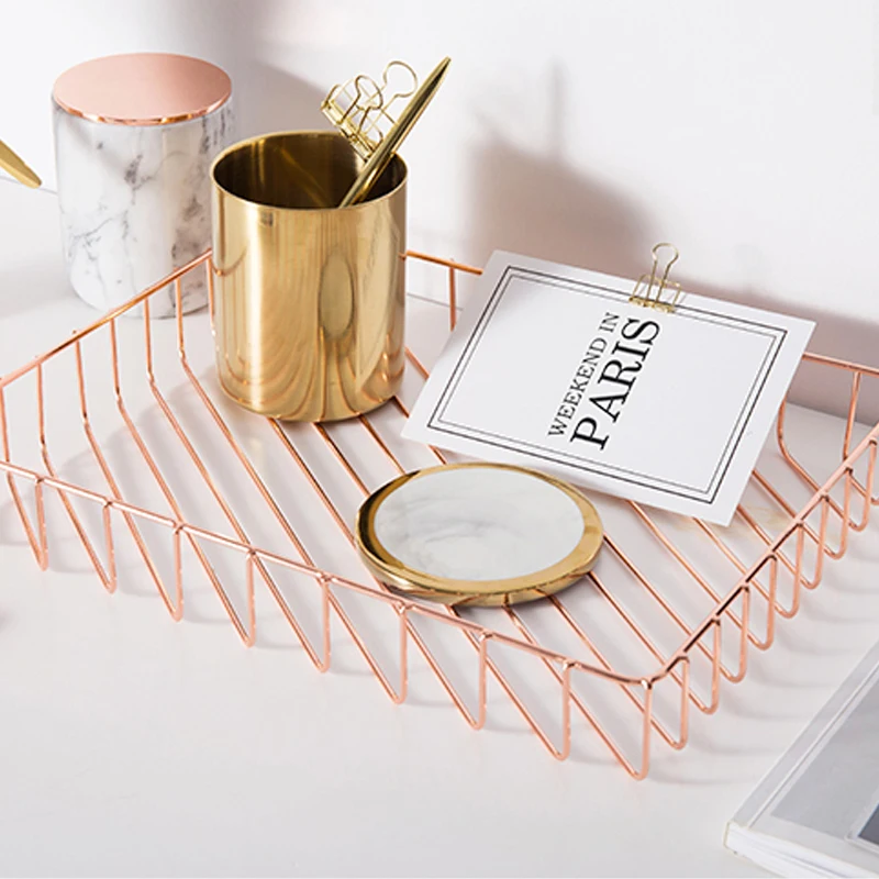 

Ins Hot Rose Gold Nordic Modern Magazine Newpaper kitchen Storage Basket Desktop Sundries Modern Style Metal table decoration