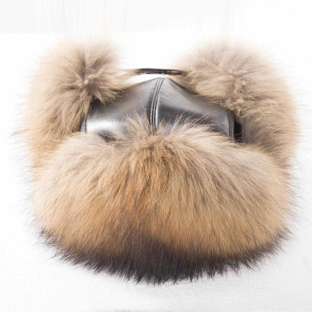 Men Raccoon Fur Hats Fox Fur Leather Bomber Caps Silver Fox Fur Male Lei Feng Bomber Hat For Middle-Aged  Leather Ear Flaps Hats