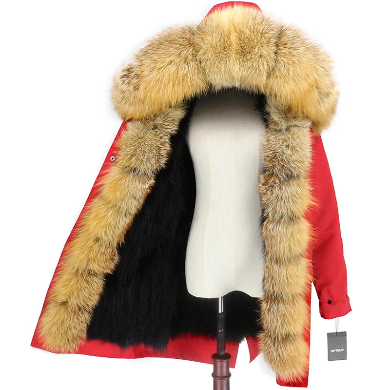 red black gold OFTBUY, водонепроницаемая парка, пальто из натурального меха, натуральный Лисий мех, капюшон, зимняя куртка для женщин, съемная верхняя одежда, уличная одежда, роскошная теплая - Цвет: red black gold