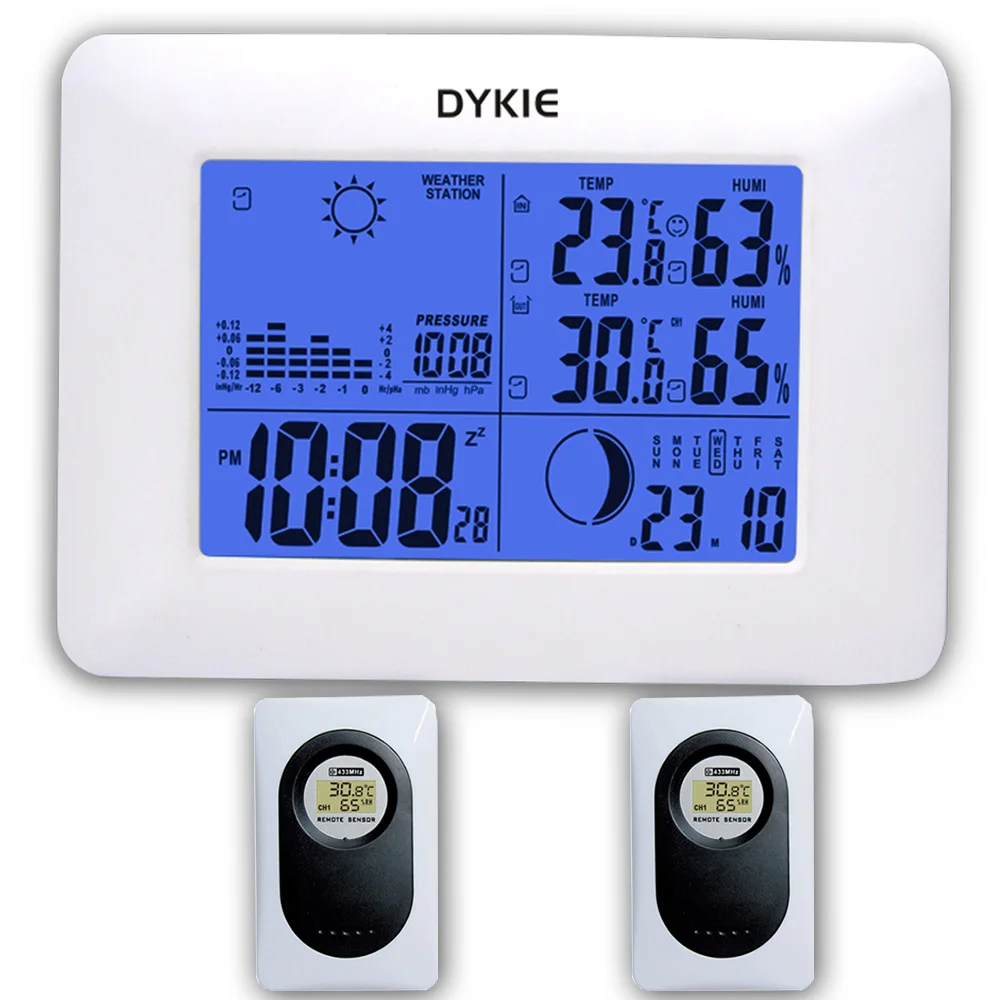 DYKIE Синяя подсветка RF Цифровая беспроводная метеостанция с крытым наружным термометром, гигрометром, барометром, 3 дистанционными датчиками - Цвет: Two sensors