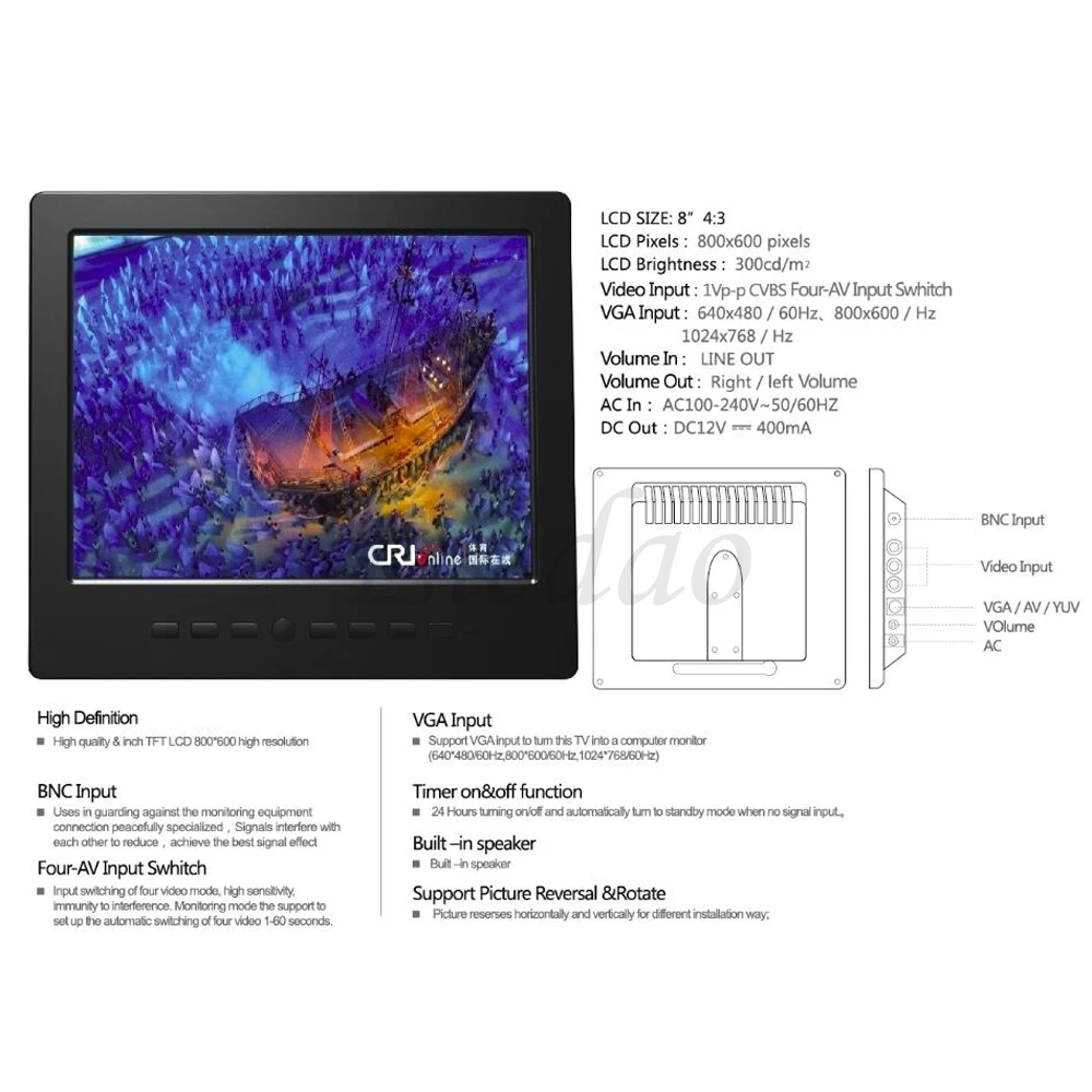 Новые 8 дюймов HD 1024x768 Профессиональный Экран монитор с BNC/VGA/AV вход для наушников