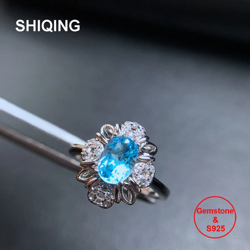

SHIQING 100% Gemstone blue topaz 925 sterling silver big flower rings for woman