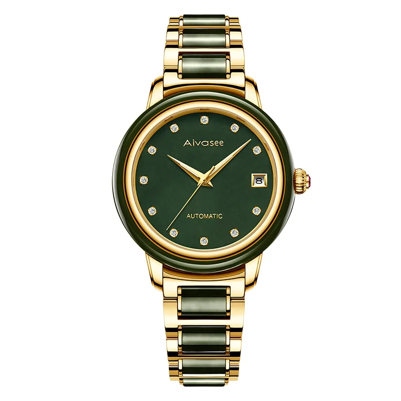 Women Gold Steel Лучшие Роскошные нефритовые мужские часы женские часы с календарем Модные Ретро Парные Нефритовые полностью автоматические механические наручные часы водонепроницаемые - Цвет: Women Gold Steel
