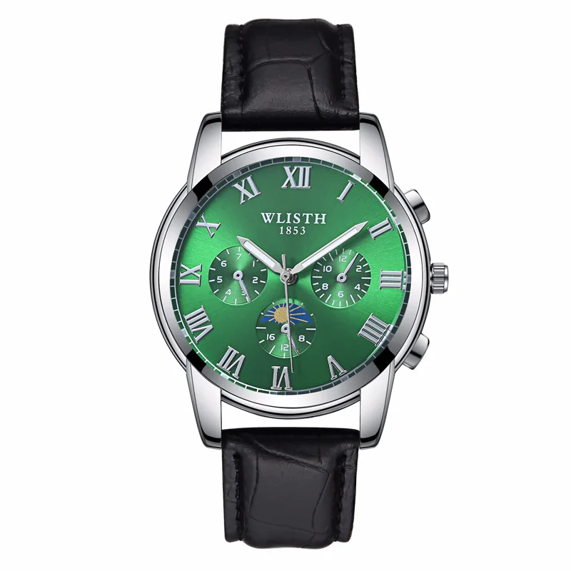 WLISTH LEATHER GREEN Лидирующий бренд, мужские деловые классические черные модные кварцевые часы, мужские спортивные водонепроницаемые военные часы из WLISTH стали - Цвет: WLISTH LEATHER GREEN
