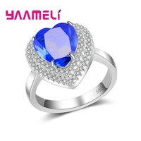 luxury design full zircon big blue gem love heart engagement wedding finger rings for women summer jewelry best gift