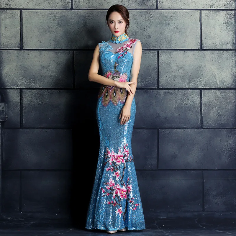 Вышивка Cheongsam длинное китайское Восточное вечернее платье элегантные платья принцессы красные Qipao Свадебные Летние женские сексуальные цветы