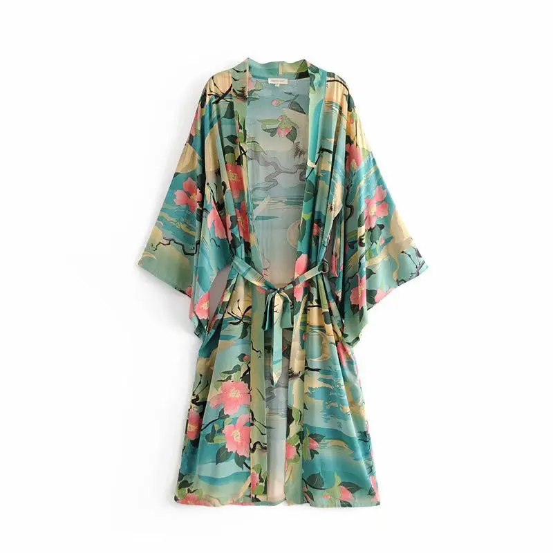 8175 Зеленое винтажное Ретро Ночное Платье с принтом Boho maxi кимоно рубашка с рукавом Кардиган богемная Длинная блузка с запахом летние топы пляжная одежда - Цвет: 8175