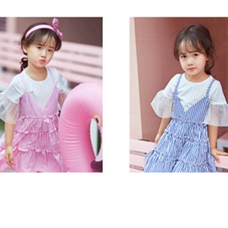 2017 летние новые дети хлопка с коротким рукавом футболки + полосатый dress из двух