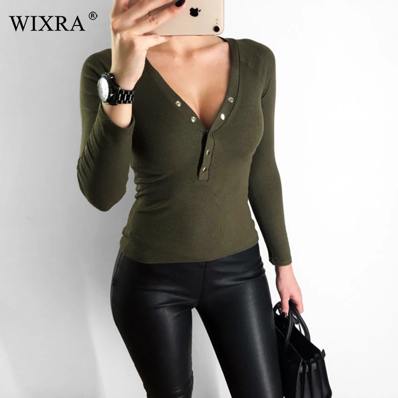 Женские базовые хлопковые футболки Wixra повседневные топы с длинным рукавом и v