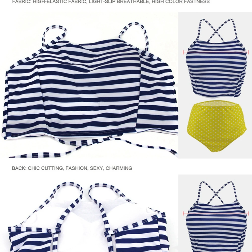 

Women Sexy Backless Two Piece Set Striped Crop Top High Waist Dot Short Swimming Suit Summer Halter Lace Up Swimwear Bikini Set