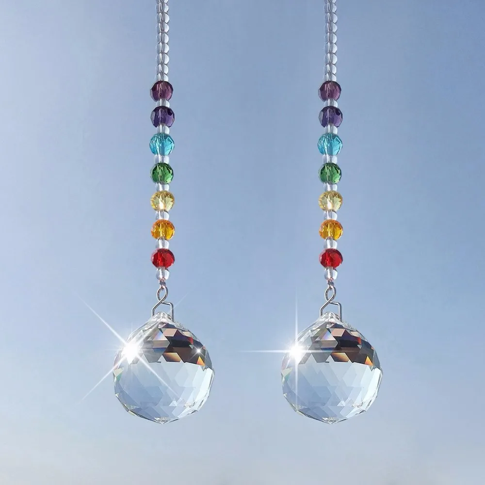 

H&D 30mm Crystal Prism Ball Chakra Colors Rondelle Beads Strand Design Rainbow Suncatcher,Pack of 2,Chrismas Decoration for Home