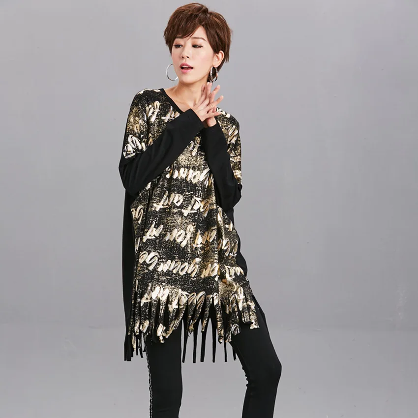 Tide brand women's spring and autumn new printing letters 200 fat MM large size tassel ladies sweater long-sleeved T-shirt | Женская