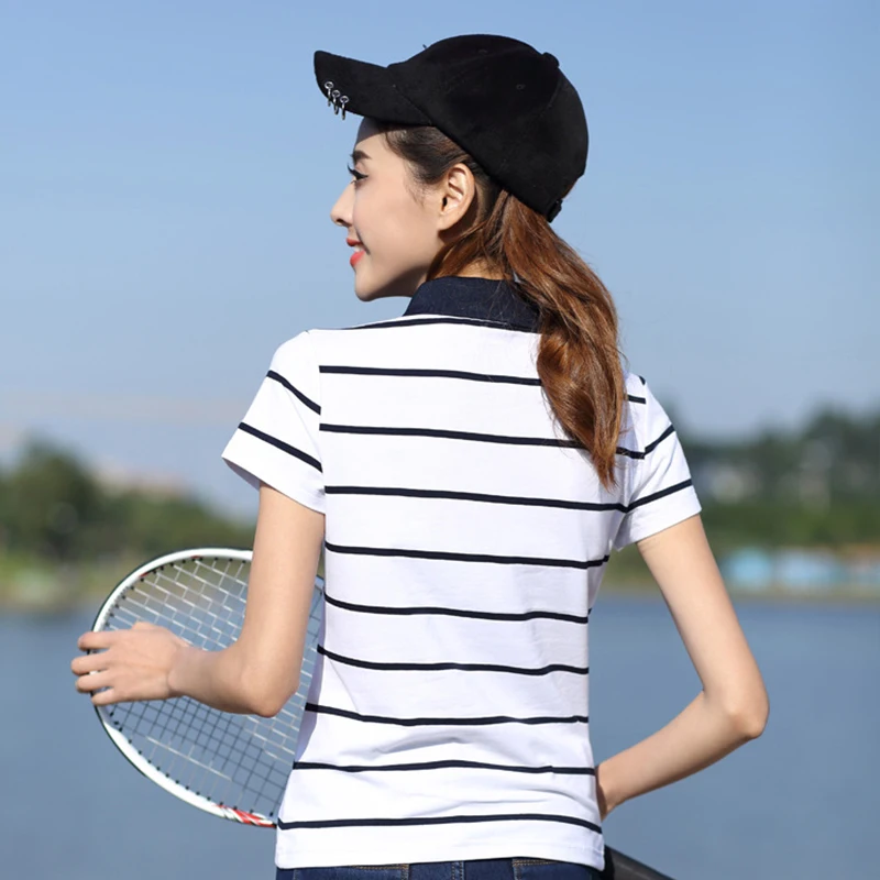 

Women Polo Shirt Plus Size Summer Women Tops High Quality Cotton Shirt Hot Sale Short Sleeve Female Slim Striped Polo Shirt