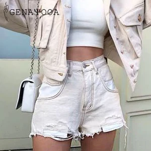 Женские джинсовые шорты genayoa, рваные хлопковые потертые шорты с высокой талией, в стиле пэчворк, для лета, 2019