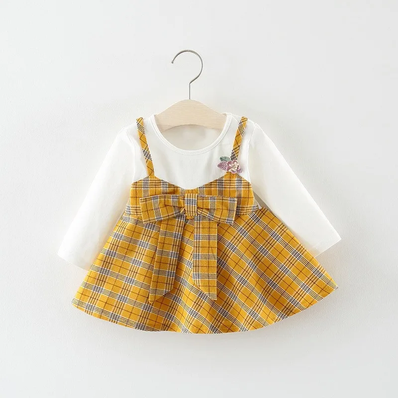 Toddler Kids Baby Girls Long Sleeve Bow Plaid Party Princess Dress Fake two pieces Clothes Cute Dresses | Детская одежда и обувь