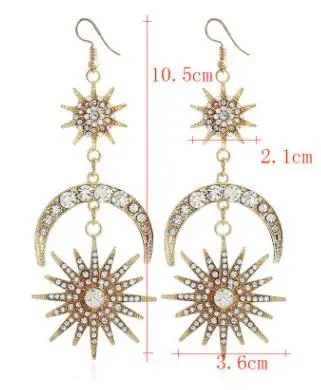 Big Luxury Sun Moon Stars Drop Earrings Rhinestone Punk for Women Jewelry Golden Boho Vintage Statement | Украшения и аксессуары