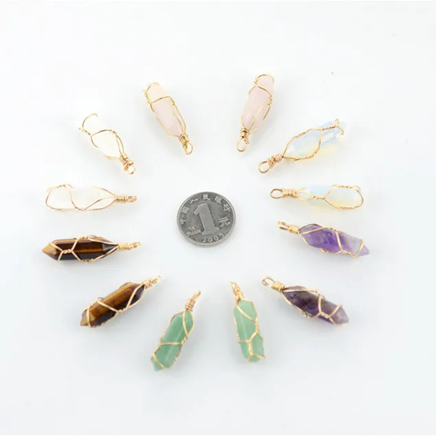 Wholesale Gold &amp Silver Cover Crystal Point Pillar Charm Prism Trendy Natural Stone Pendant for Necklaces Jewelry Making 24PCS |