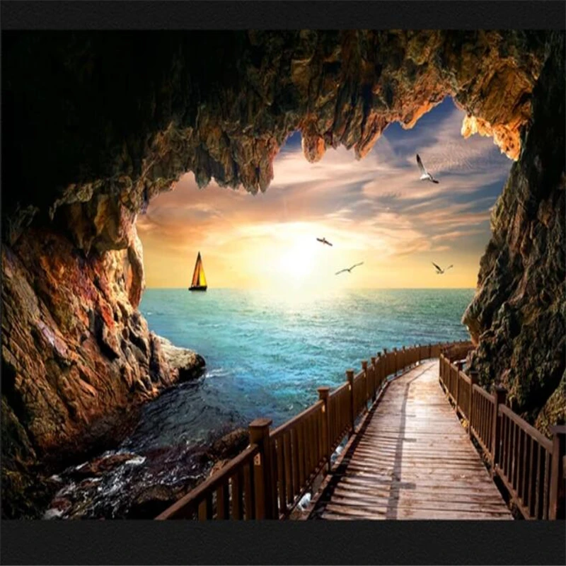 Wellyu Cave морской пейзаж красивый закат Настенная роспись на заказ большие зеленые
