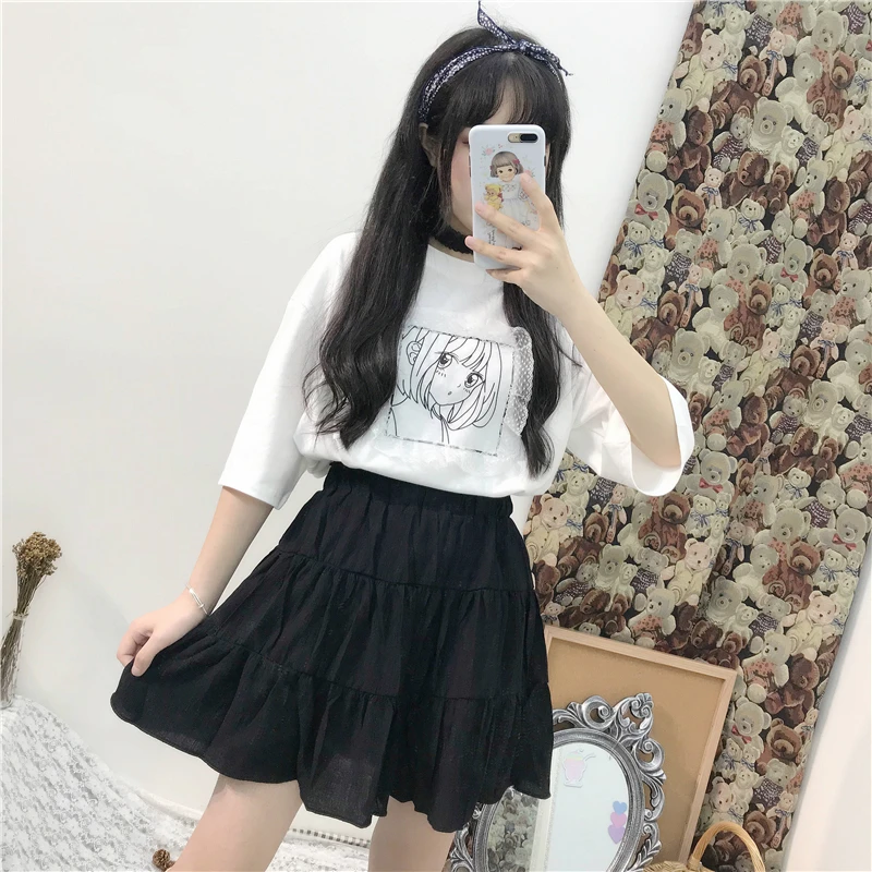 Japanese Sweet Long Tshirt Cute Clothes for Women Summer Oversized Loose Bandage T Shirt Black White Cartoon Graphic Tees Women