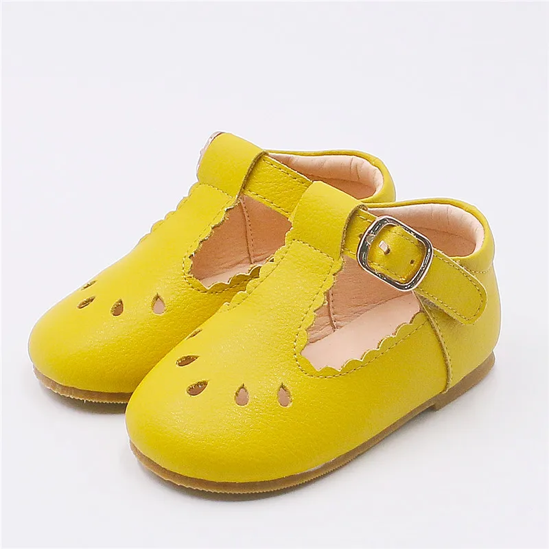 yellow Г. Весенне-Осенняя обувь из натуральной кожи для девочек Детская Повседневная дышащая обувь с Т-образным ремешком Нескользящие сандалии для девочек - Цвет: yellow