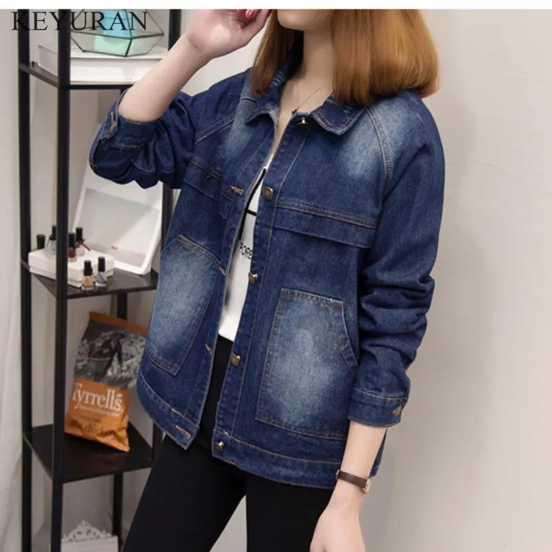 Женская джинсовая куртка размера плюс XXXL 4XL 5XL с карманами длинным рукавом