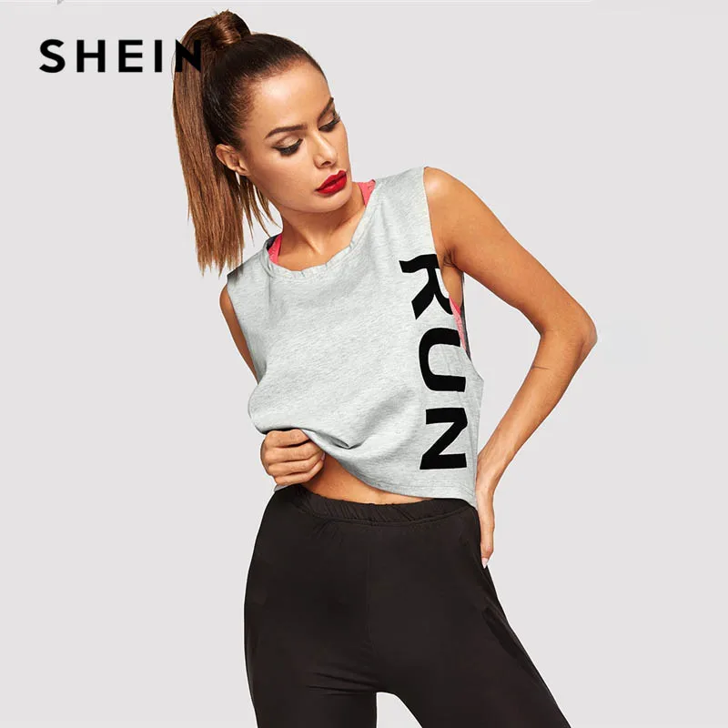 SHEIN Топ Без Рукавов С Текстовым Принтом, Спортивная Майка С Контрастным Принтом