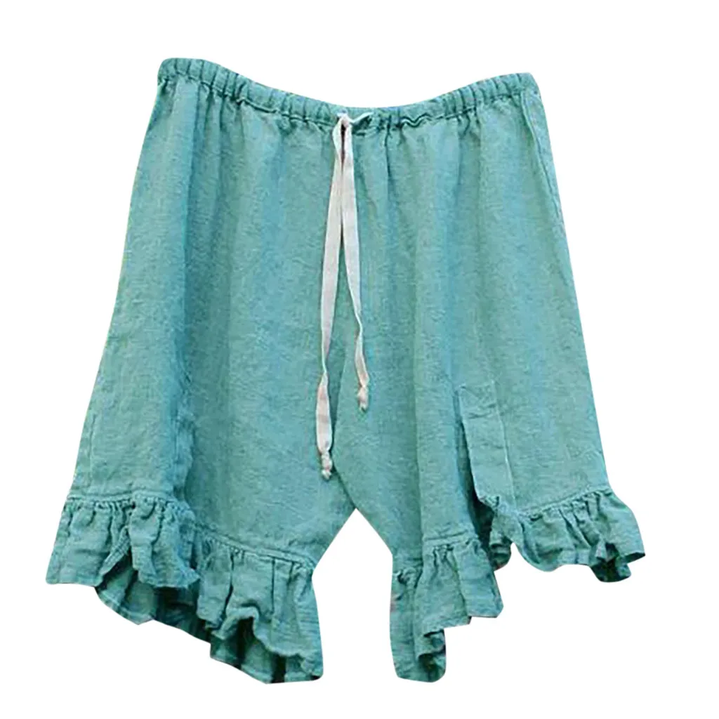 Mint Green Feitong/женские шорты размера плюс, однотонные, льняные, с высокой талией, с завязками, свободные, широкие, короткие, с высокой талией, сексуальные#3 - Цвет: Mint Green