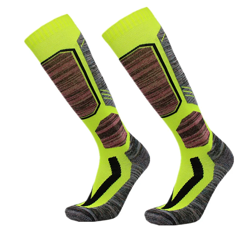 Fluorescent green Зимние длинные Лыжные носки, теплые мужские и женские носки, теплые толстые хлопковые носки для сноуборда, альпинизма, кемпинга, туризма, спорта - Цвет: Fluorescent green